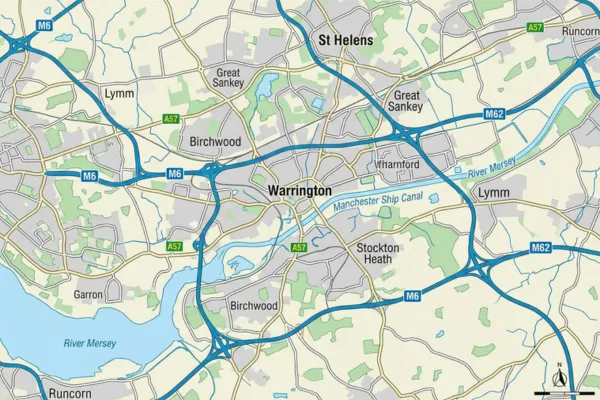 Service area map covering Warrington and surrounding areas