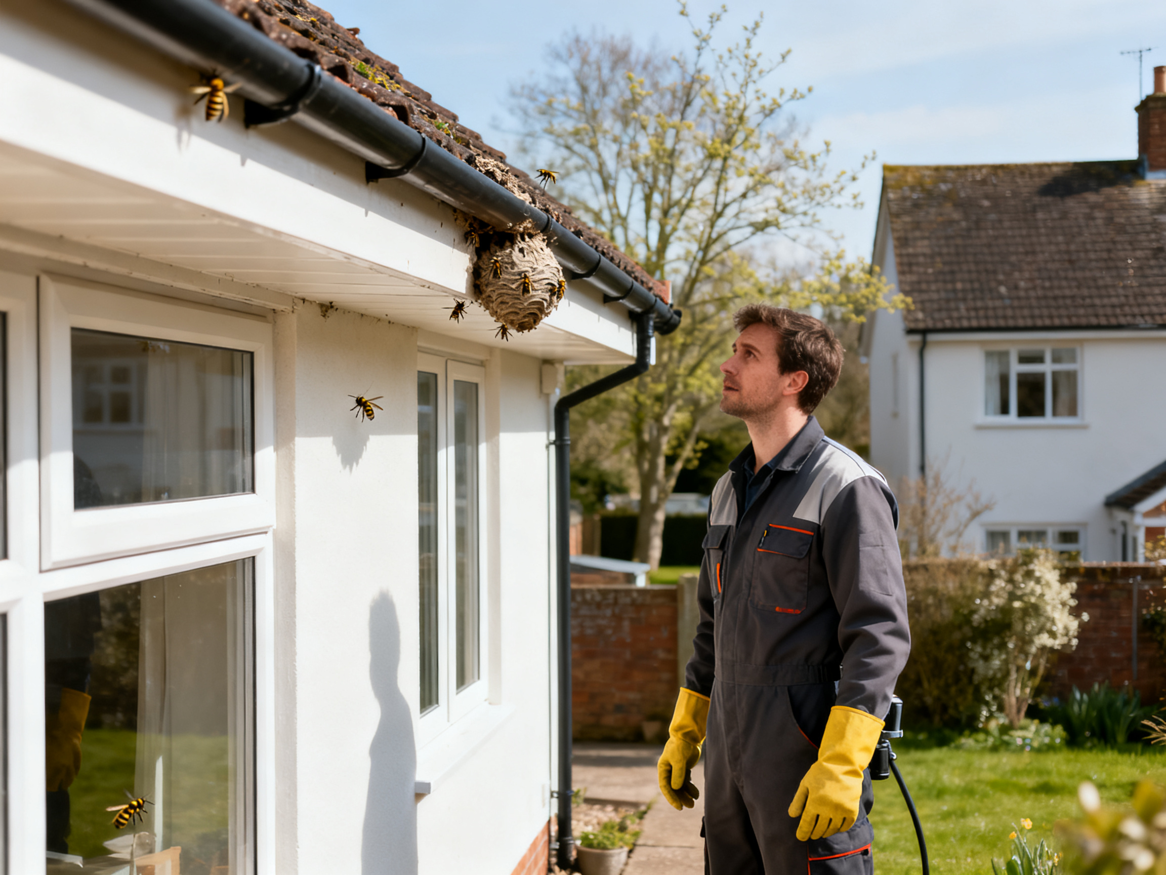 Wasp nest in spring guide showing a roofline check for wasp activity